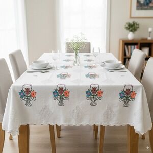 Vtg. Hand Embroidered Tablecloth Floral‎ Basket Cross Stitch Crochet Lace Edge